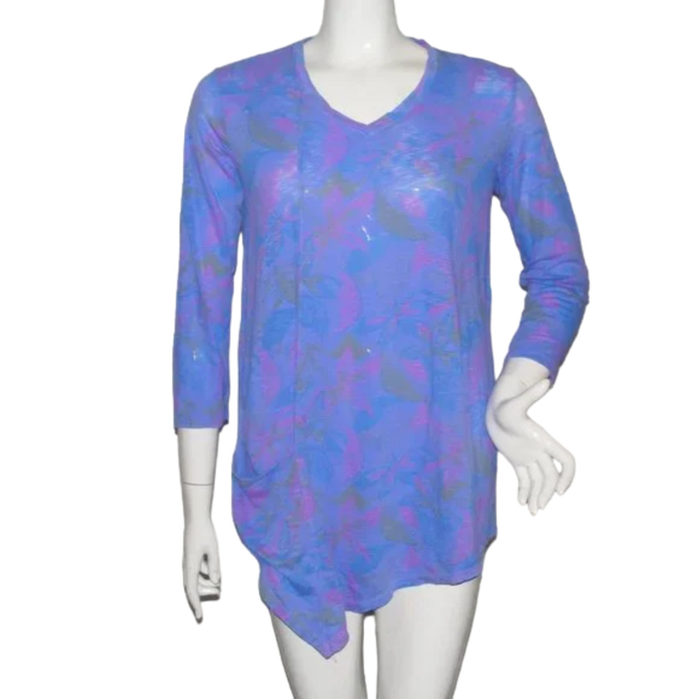 FRESH PRODUCE Tee/Tunic, XS, Blue, Asymmetrical, Pocket, 3/4 sleeves